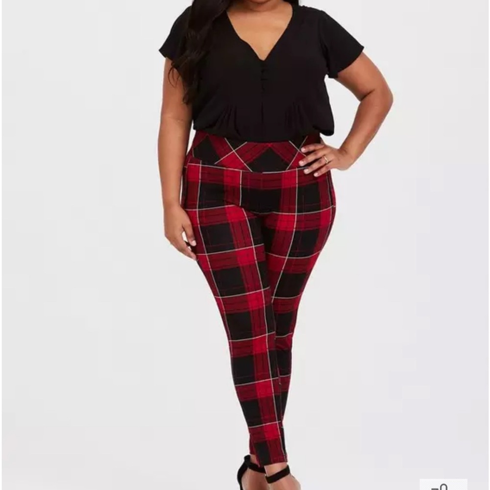 Torrid Red and Black Plaid Ponte Pants with Wide Waistband